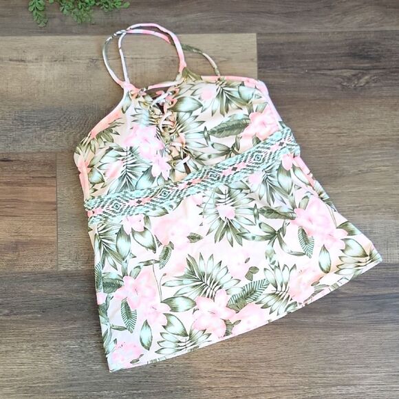 Time and Tru Other - Time & Tru Floral Halter Swim Tankini Top- Pink and Green Womens Size XL